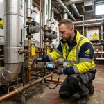 Commercial gas safety certificate inspection by certified Gas Safe engineer on plant room boiler valves