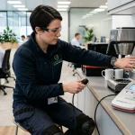 Commercial PAT testing inspection and PASS labeling with digital tester in office