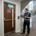 Fire risk assessment communal areas inspection in modern block of flats stairwell and fire door