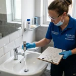 Legionella risk assessment for landlords water temperature probe testing at tap in UK rental bathroom